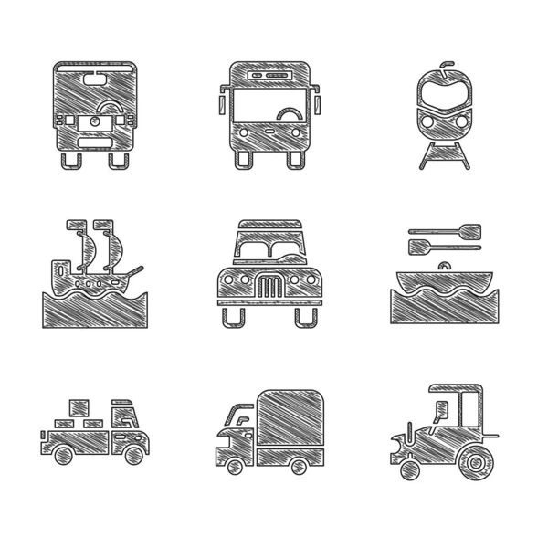 Set de coches, entrega de camiones de carga, tractor, barco con remos, velero, tren y ferrocarril y autobús icono. Vector — Archivo Imágenes Vectoriales