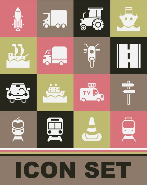 Set Train and railway, Road traffic signpost, Tractor, Delivery cargo truck, Sailboat, Rocket ship with fire and Scooter icon. Vetor —  Vetores de Stock