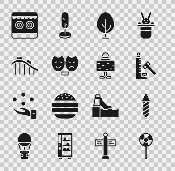 Set Lollipop, Firework rocket, Striker attraction with hammer, Tree, Comedy and tragedy masks, Roller coaster, Shooting gallery and Magic ball table icon. Vector — Stock Vector