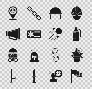 Yer işareti, el bombası, askeri miğfer, polis rozeti, megafon, barış ve uçan taş ikonu. Vektör
