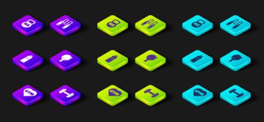 Fitness jimnastik salonu kalbi, Sallama, raket ve top, atlama ipi ve Kettlebell ikonu. Vektör