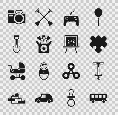 Otobüs oyuncağı, yaylı baston atlama, yapboz parçaları, Gamepad, kutucuk Jack, kürek, fotoğraf makinesi ve tahta simgesi. Vektör