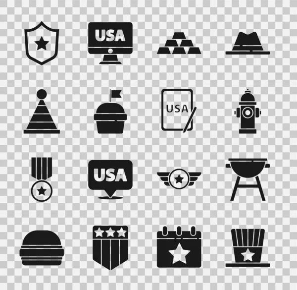 Set patriotique haut de forme américain, barbecue, bouche d'incendie, barres d'or, gâteau, fête, badge de police et États-Unis sur l'icône de la tablette graphique. Vecteur — Image vectorielle