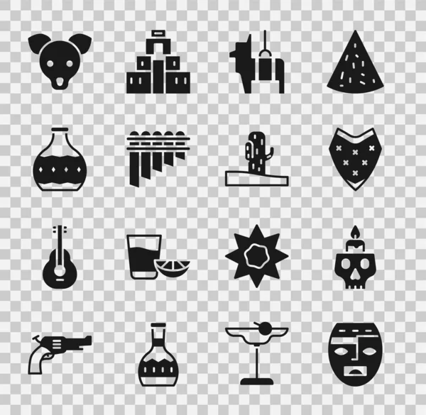 Set Aztec mask, Burning candle on skull, Poncho, Pinata, Pan flute, Tequila bottle, Dog and Cactus icon. Vector — Stock Vector