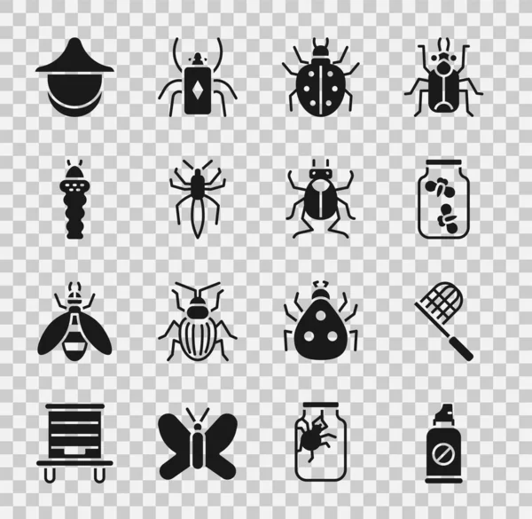 Set Spray contro insetti, Butterfly net, Fireflies bug jar, acaro, ragno, Larva, cappello da apicoltore e icona di Maggiolino. Vettore — Vettoriale Stock
