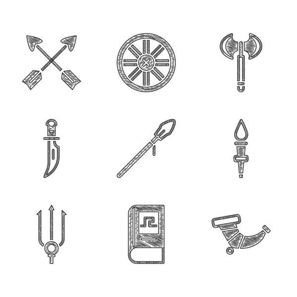 Set Lanza medieval, libro de historia griega, cuerno de caza, llama de la antorcha, Tridente de Neptuno, Daga, hacha y el icono de flechas cruzadas. Vector — Vector de stock