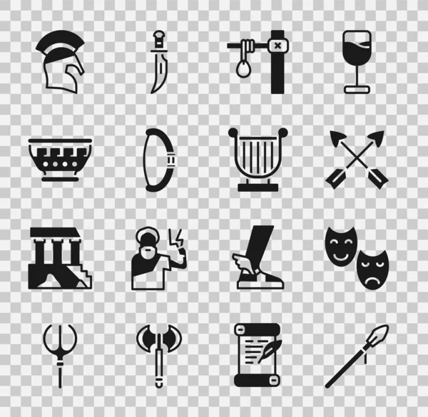 Установите средневековое копье, комедийные и трагические маски, крестовые стрелы, виселицу, лук, древнегреческую чашу, шлем и икону древней лиры. Вектор — стоковый вектор