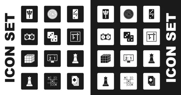 Conjunto Domino, Juego de dados, Reloj de ajedrez de tiempo, piezas de Mahjong, Bingo, fichas de juego Checker, Ajedrez y Rubik icono del cubo. Vector — Vector de stock
