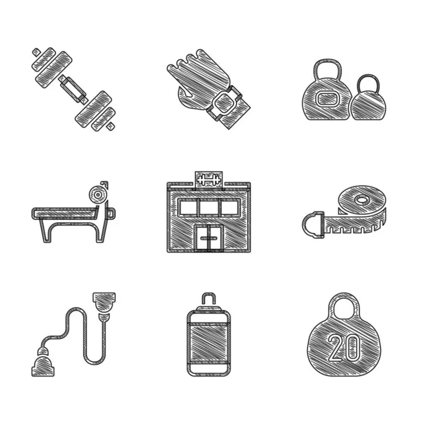 Set Gym building, Punching bag, Kettlebell, Tape measure, Chest expander, Bench with barbel, y Dumbbell icon. Vector — Archivo Imágenes Vectoriales