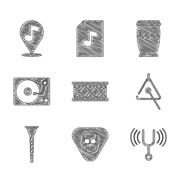 Set Drum, Guitar pick, Musical tuning fork, Triangle, Clarinet, Vinyl player with vinyl disk, and Location musical note icon. Vector — Stock Vector