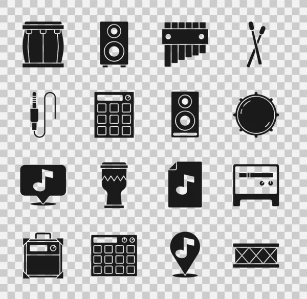 Set Drum, Gitaarversterker, Dial knop niveau, Pan fluit, machine, Audio jack, en Stereo luidspreker pictogram. Vector — Stockvector