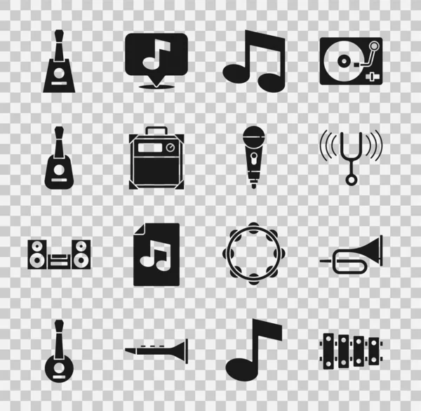 Set Xylophone, Trompet, Muzikale stemvork, noot, toon, Gitaarversterker, Balalaika en microfoon icoon. Vector — Stockvector