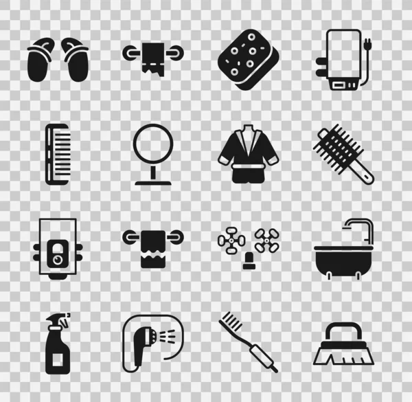 Set Cepillo para limpieza, Bañera, Cepillo de pelo, Esponja, Espejo de maquillaje redondo, Chanclas y Albornoz icono. Vector — Archivo Imágenes Vectoriales