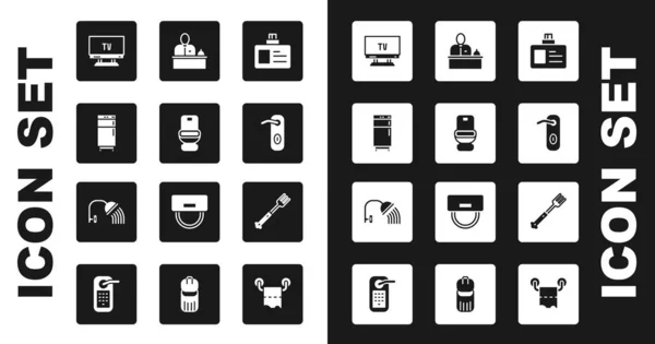 Set-Identifikationsschild, Toilettenschüssel, Kühlschrank, Smart-TV, Türgriff, Hotelrezeption, Gabel und Duschkopf-Symbol. Vektor — Stockvektor