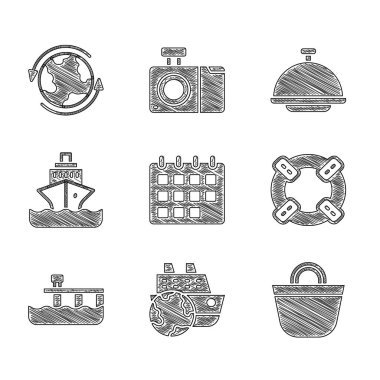 Takvim, gezi gemisi, sahil çantası, Lifebuoy, rıhtım tepsi ve dünya çapında ikonla kaplı. Vektör