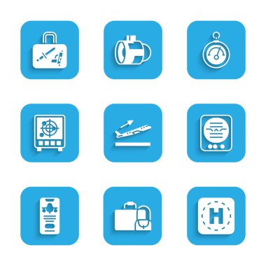 Uçak kalkışını, bavulu, helikopter iniş pistini, hareket göstergesini, biletli cep telefonunu, radar hedeflerini monitörde, barometrede ve simgede ayarla. Vektör