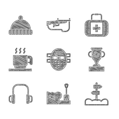 Hokey maskesi, kar yığınında kürek, trafik levhası, ödül kupası, kış kulaklığı, sıcak çikolata, ilk yardım çantası ve şapka ikonu. Vektör