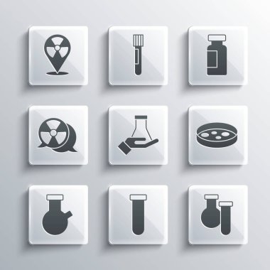 Test tüpünü ve matarayı, bakterili Petri kabını, radyoaktif, konum ve simge olarak ayarla. Vektör