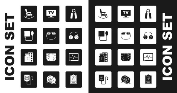 Set Sport expander, Eyeglasses, Blood pressure, Rocking chair, Smart Tv, Monitor with cardiogram and Pills blister pack icon. Vector — Stock Vector