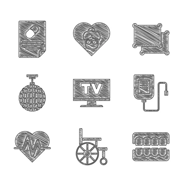 Set Smart Tv, Wheelchair, False jaw, IV bag, Heart rate, Disco ball, Pillow and Medical prescription icon. Vector — Stock Vector