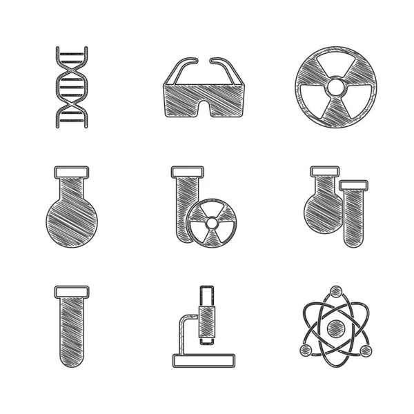 Set Radiación de tubo de ensayo, microscopio, átomo y matraz, icono de símbolo radiactivo y de ADN. Vector — Archivo Imágenes Vectoriales