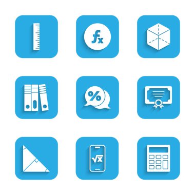 İndirim yüzde etiketini, x kabartmasının kare kökünü, hesap makinesini, sertifika şablonunu, açı ortay üçgenini, ofis dizinlerini, geometrik şekil küpünü ve cetvel simgesini ayarla. Vektör