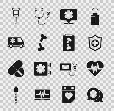 Doktorla diyalog kur, kalp atış hızı, hayat sigortası, acil durumun tıbbi sembolü, kırık kemik, araba, koltuk değnekleri ve X-ışını ikonu. Vektör