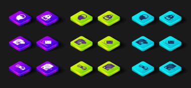 Film, film, medya projektörü, sınav kağıdı ve kalem, silgi kauçuğu, okul çantası ve insan beyni ikonu. Vektör