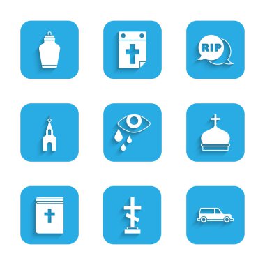 Göz yaşları dök, haçlı mezar, cenaze arabası, kilise kulesi, kutsal kitap, bina, konuşma baloncuğu ölüm ve cenaze vazosu ikonu. Vektör