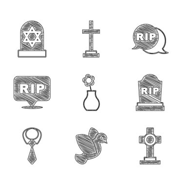 Flower 'ı vazoya koy, Dove, Grave with cross, Tombstone RIP yazıldı, Tie, Speech Baloncuk koparma ölümü, ve David ikonu yıldızı. Vektör