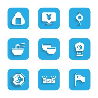 Çin çay seremonisi, Çin Seddi bayrak direği, fener, Yin Yang, Asya erişte kasesi ve suşi ikonu. Vektör