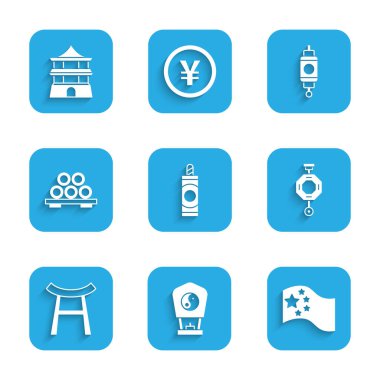 Havai fişek seti, Çin kağıt feneri, Çin bayrağı, Japon kapısı, kesme tahtasında suşi ve ev ikonu. Vektör