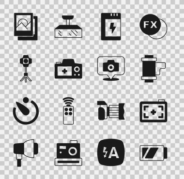 Kamera, fotoğraf makinesi, kamera rulo kartuşu, Softbox ışığı, çerçeve ve simge için batarya ayarlayın. Vektör