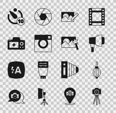 Fotoğraf makinesi, toz üfleyici, Softbox ışığı, rötuşlama, kamera zamanlayıcısı ve simge ayarla. Vektör