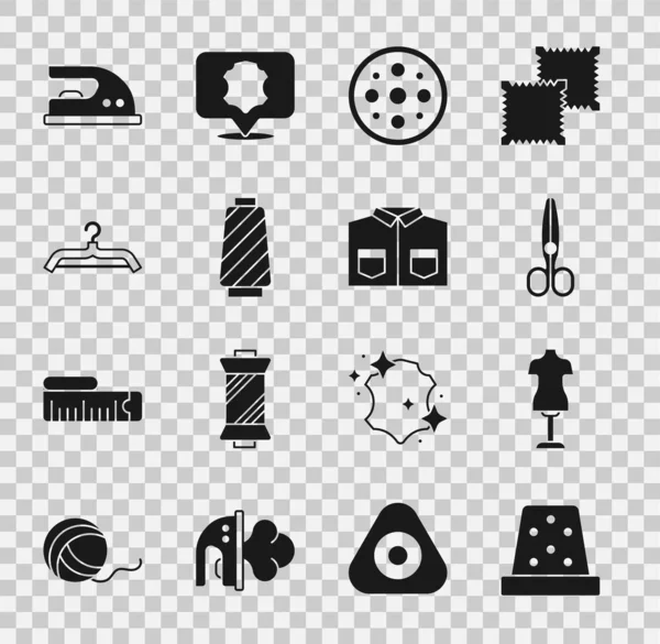 Set dedal para coser, maniquí, tijeras, botón de coser, carrete de rosca, guardarropa, plancha eléctrica e icono de la camisa. Vector — Vector de stock