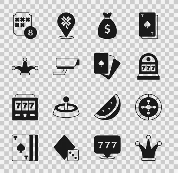 Set Joker playing card, Casino roulette wheel, Slot machine with jackpot, Money bag, Security camera, Lottery ball bingo and Deck of cards icon. Vector — Stock Vector