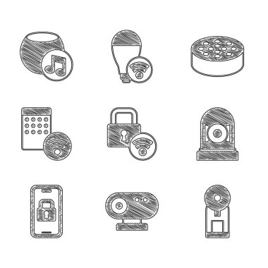 Dijital kapı kilidini, web kamerasını, akıllı kahve makinesini alarm zilini, hava nemlendiricisini, su sensörünü ve ses asistanı simgesini ayarla. Vektör