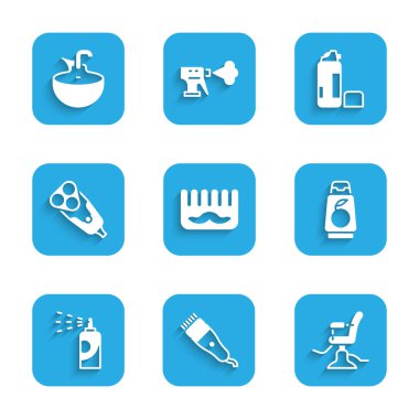 Saç fırçası, elektrikli saç makasi, berber koltugu, bir sise sampuan, saç spreyi, jilet, traş jeli köpük ve lavabo ikonu. Vektör