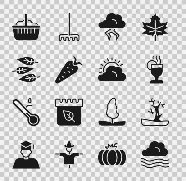 Rüzgarlı hava, çıplak ağaç, sıcak şarap, fırtına, havuç, yaprak, sepet, güneş ve bulut ikonu. Vektör