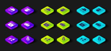 Cam kaplı şarap şişesi, kış eşarbı, takvim sonbahar yaprakları, balkabağı, okul çantası ve rüzgarlı hava ikonu. Vektör