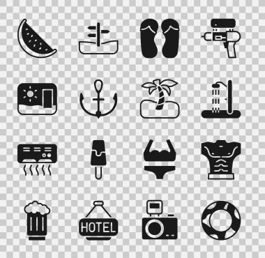 Lastik yüzme yüzüğü, vücut geliştirme kası, plaj duşu, terlik, dayanak noktası, seyahat kartı, karpuz ve tropik palmiye ağacı ikonu. Vektör