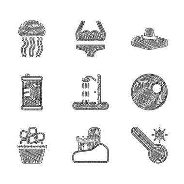 Plaj duşu, kum kalesi, meteoroloji termometresi, top, buz kovası, soda kutusu, zarif kadın şapkası ve denizanası ikonu. Vektör