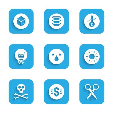 Su damlası, dolar sembolü, kesik çizgili makas, güneş, kemik ve kafatası uyarısı, ısı temizleme, meteoroloji termometresi ve karton kutu simgesi. Vektör