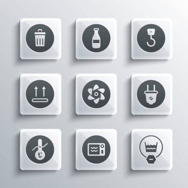 Mikrodalga fırını, hassas yıkama, elektrik prizi, test tüpü ve matara, Meteoroloji termometresi, Sıcaklık, Çöp kutusu ve endüstriyel kanca ikonunu ayarla. Vektör