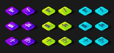 Uçak, bavul, uçak bileti, takvim ve uçak, iniş ve havaalanı kontrol kulesi ikonu. Vektör