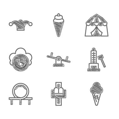Tahterevalli, Çekici atlıkarınca, waffle külahında dondurma, çekiçli Striker cazibesi, hız treni, palyaço kafası, sirk çadırı ve Jester şapka ikonu. Vektör