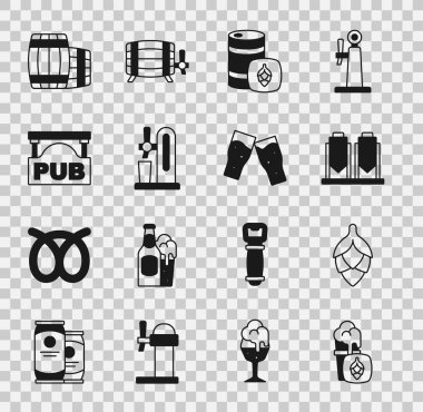 Bir bardak bira, Hop, bira demleme, metal fıçı, camlı musluk, levha barı, tahta fıçı ve ikon. Vektör