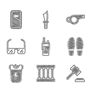 Telsiz, hapishane penceresi, yargıç tokmağı, ayak sesleri, polis elektrik şoku, güvenlik gözlüğü, ıslık ve saldırı kalkanı ikonu. Vektör