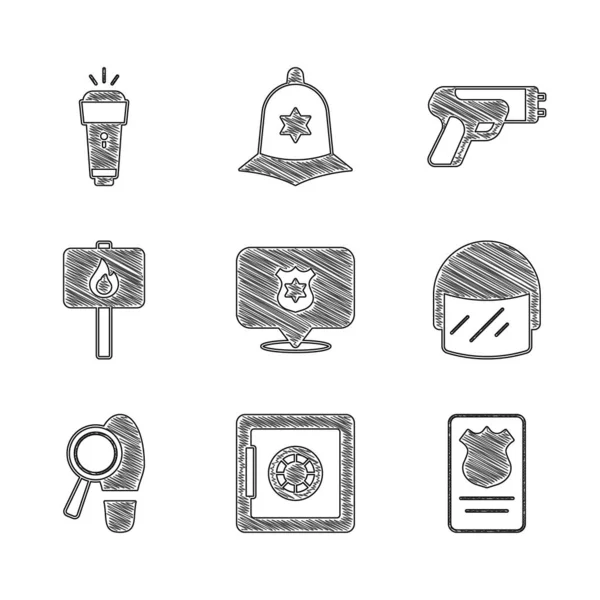 Set Polizeiabzeichen, Safe, mit Ausweiskoffer, Helm, Fußtritte, Protest, Elektroschocker und Taschenlampen-Symbol. Vektor — Stockvektor