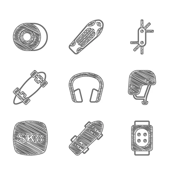 Set Headphones, Skateboard, Knee pads, helmet, Longboard or skateboard, Tool allen keys and wheel icon. Vector — Stock Vector